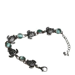 Sea Turtle Bracelet Silver Tone Aqua Blue Stone Chain Lobster Clasp 8.5 inch